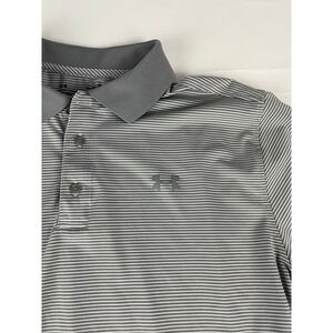 Under Armour Men Gray White Stripe Golf Polo Shirt‎ Loose Fit HeatGear XL